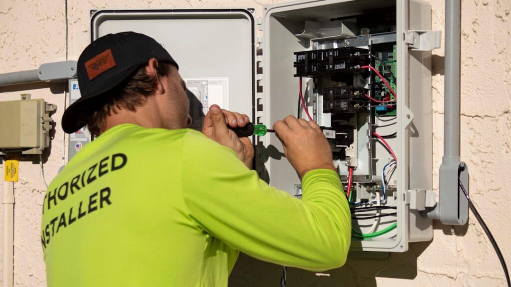 Electrician working at residential breaker panel